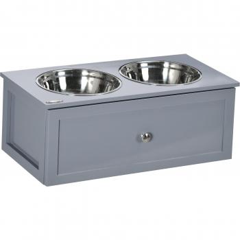 PawHut Comedero Elevado para Perros Medianos con 2 Cuencos de 2000 ml de Acero Inoxidable y 1 Cajón 63x30x24 cm Gris