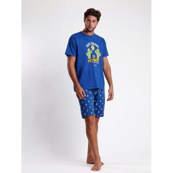 Pijama corto de hombre de punto azul con estampado de cactus