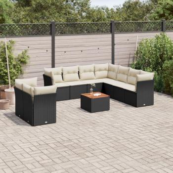 10-Piece Black Poly Rattan Garden Sofa Set with Cushions