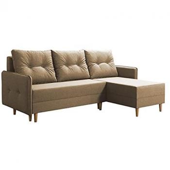 Sofá rinconero Muncie 101 con función de descanso y caja de ropa de cama, dimensiones 222 x 93 x 145 cm, color marrón claro
