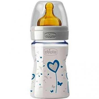 Chicco Wellbeing - Biberón de vidrio con tetina de látex y flujo normal para bebé de 0m+, 150 ml, azul