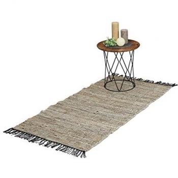 Alfombra Runner de Cuero y Algodón con Flecos, Antideslizante, para Sala, Dormitorio o Pasillo, 70 x 140 cm, Gris - Relaxdays