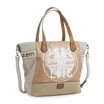 LOIS - 92441 Bolso tipo shopping con doble asa y bandolera adicional. Bolsillo detrás con cremallera. Base reforzada. Lona - Piel sintética Polipiel, Color Beige