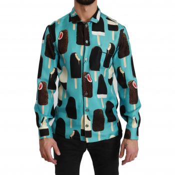 Dolce & Gabbana Blue Silk Ice Cream Print Casual Shirt, Exclusive Silk Blend, Multicolor, Size: XS