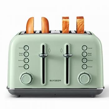 Tostadora retro Buydeem DT640E de 4 rebanadas, color verde acogedor, ranuras extra anchas, función bagel y muffin, acero inoxidable con 7 ajustes de sombra