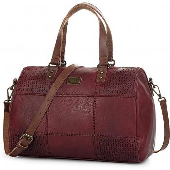 Lois - 96231 Bolso de Mujer Tipo Bowling con Bandolera Ajustable Doble asa con Cremallera. Bolsillos Delante y detrás con Cremallera. Lona y Piel sintética Polipiel, Color Granate