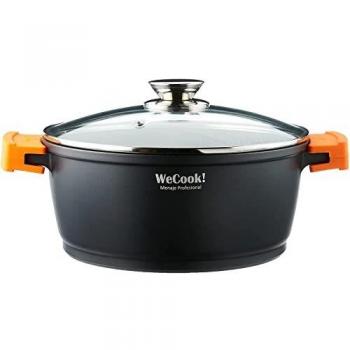 WECOOK! Ecochef Titanio Cazuela Alta Inducción Tapa de Cristal 28cm, 5 Capas Antiadherente QUANTANIUM Ecológico sin PFOA, Aluminio Fundido 5mm, 12,5cm Alto, Asas Silicona, Vitrocerámica, Gas, Horno