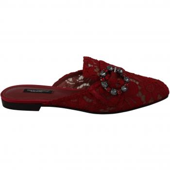Dolce & Gabbana Red Lace Crystal Slide On Flats Shoes - EU35/US4.5, Mules, female, Red, Size: 5 US