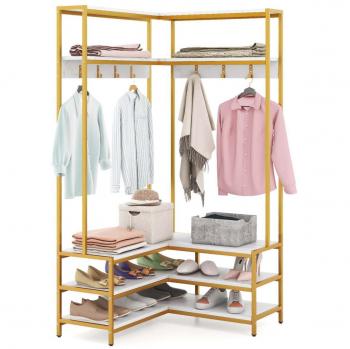 L-Shaped White Metal Corner Clothes Rack with Open Shelves, 7 Hooks & Shoe Bench