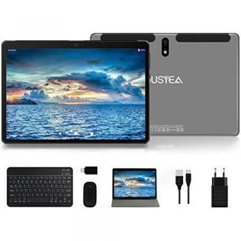 Tablet 10.1 Pulgadas JUSYEA Android 10 Tableta con 4 GB RAM + 64 GB ROM, SD/TF 128 GB, WiFi, 8000mAh Batería, 5 MP + 8 MP, Pantalla HD IPS, Google GMS, con Funda, Teclado Bluetooth y Ratón, Gris