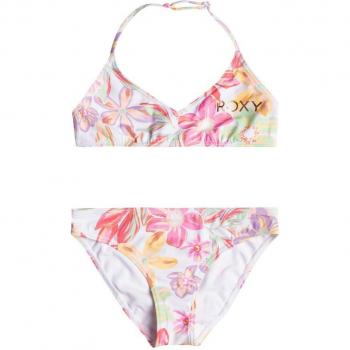 Bikini de niños Roxy Tropical Time con diseño blanco, rosa y verde, talla 16