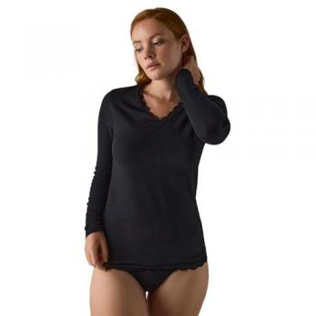 Camiseta Manga Larga de Algodón Ysabel Mora con Detalle de Encaje en Escote Pico y Puños