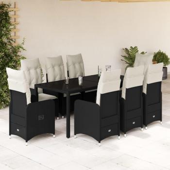 9-Piece Black Poly Rattan Garden Bistro Set with Cushions