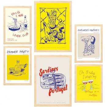 Set de 6 Pósters Ilustraciones de Alimentos Estilo Pop Art Amarillo para Decoración de Paredes del Hogar A3 y A4 Sin Marco