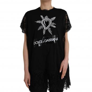 Dolce & Gabbana Black Sacred Heart Print Cotton Lace T-shirt - IT42|M