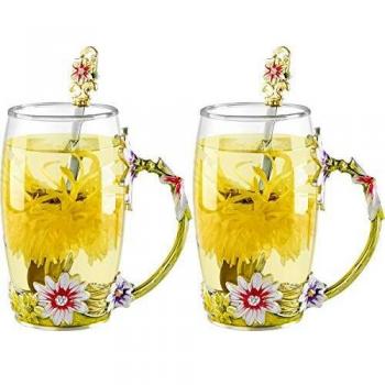 COAWG Taza Grande de Vidrio Esmaltado, Crisantemo Cristales de Cristal Claro Tazas de Té y Café con Mango de Flores Regalo para Profesor Amigo Cumpleaños Navidad San Valentín 350 ml - 2Pcs