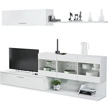Salon TV, Mueble de Salon, Modulos de Comedor, Modelo Aral, Acabado en Blanco Brillo, Medidas: 260 cm