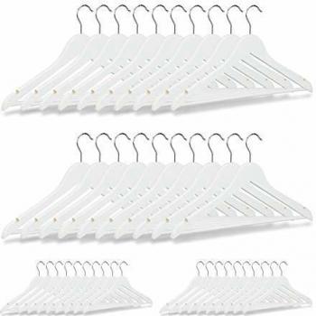 Pack de 40 Perchas de Madera, Colgadores para Pantalones y Camisas, Gancho Giratorio 360°, Dimensiones 23 x 44 cm, Color Blanco