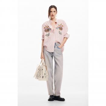 Desigual - Camisa de mujer de rayas con bordado de flores, camiseta de manga larga, color rojo, talla XL
