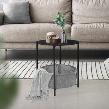 Mesa Auxiliar Redonda de Metal Antracita Ø 46 x AL 51 cm con Cesta de Tela y Bandeja Extraíble, Mesita de Centro Moderna con Almacenamiento