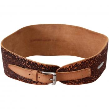 Scervino Street Brown Wide Leather Embroidered Design Logo Belt - 85 cm / 34 Inches