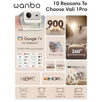 Proyector Wanbo Vali 1 Pro Smart 4K con Google TV, 900 ANSI, Nativo 1080P, Android 14.0, MEMC, HDR10 y Dolby