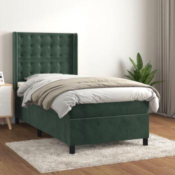 Cama Box Spring con Colchón de Terciopelo Verde Oscuro 90x190 cm