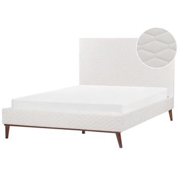 Cama Matrimonial Tapizada en Terciopelo Blanco Crema 140 x 200 cm con Cabecero Acolchado Diseño Panal Bayonne