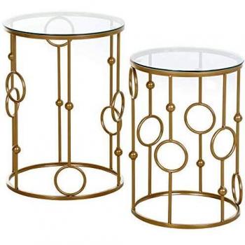 Conjunto de 2 Mesas Bajas Redondas Estilo Art Déco Ø 41 y Ø 36 cm Metal Dorado Vidrio Templado 5 mm