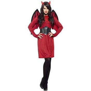 Smiffys-43730l Disfraz económico de Diablo, con Vestido, alas, cinturón y Cuernos, Color Rojo, L-EU Tamaño 44-46