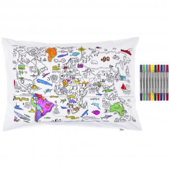 Funda de almohada infantil para colorear y aprender - Mapa del mundo con marcadores lavables Eat Sleep Doodle [Tamaño 75x50 cm]