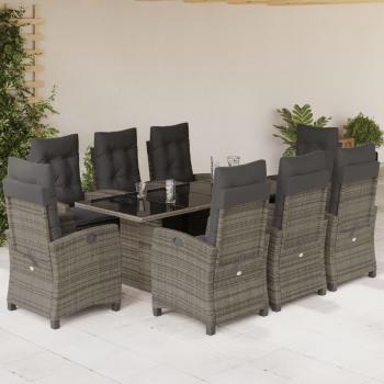 9-Piece Grey Poly Rattan Garden Dining Set with Cushions