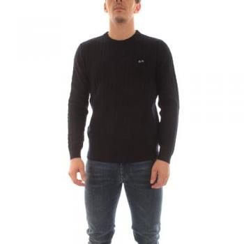 Navy Blue Round Cable Knit Sweater for Men - Size L by SUN 68