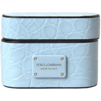 Dolce & Gabbana Light Blue Leather Metal Logo Plaque Airpods Case, unisex, Size: ONE SIZE