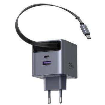 Cargador de pared UGREEN GaN 45W con cable retráctil USB-C y USB-A, Gris