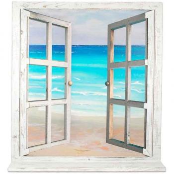 Cuadro ventana al mar con repisa de madera