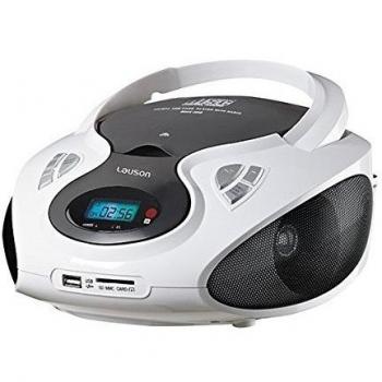Lauson CP440, Radio Boombox FM/AM, CD Portátil, con USB, Lector de tarjetas SD, Blanco