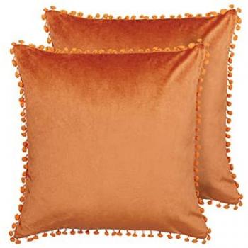 Set de 2 cojines de terciopelo naranja 45 x 45 cm con mini pompones