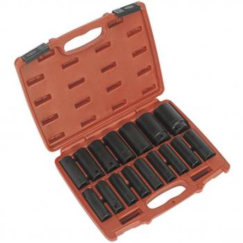 Juego de llaves vaso de impacto SEALEY AK5816M, 16 piezas, fabricadas en acero al cromo vanadio, acabado pulido, incluye adaptador para destornillador y estuche de almacenamiento