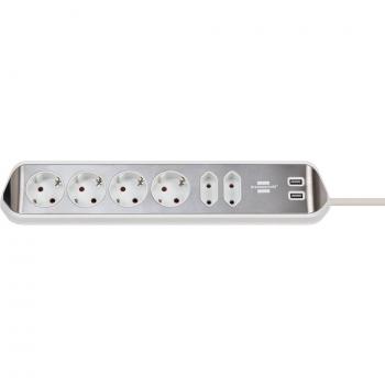 Brennenstuhl Estilo Regleta de Enchufes en Forma Esquina con 6 Tomas de Corriente y USB (4X Tomas de Corriente, 2X Euro, 2X Carga USB, Superficie de Acero