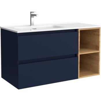 Mueble de baño Bequia con Lavabo Oslo y Coqueta 2 huecos Derecha, dimensiones 100x45x56 cm, acabado en Azul/Roble