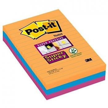 Post-it Super Sticky - Pack de 3 blocs notas, colección Bangkok, con líneas, 90 hojas/bloc, color Naranja/Rosa/Azul