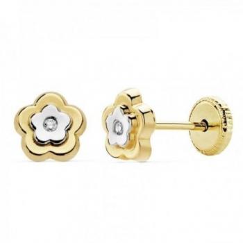 Pendientes de oro bicolor para niña con motivo de flor y circonita de 6mm