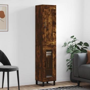 Aparador alto de madera contrachapada en color roble ahumado, dimensiones 34,5x34x180 cm, con 1 puerta de cristal, mueble de almacenaje para salón, buffet y armario auxiliar