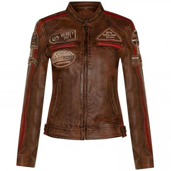 Infinity Leather Women's Tan Biker Jacket with Racing Badges - Size 16 UK