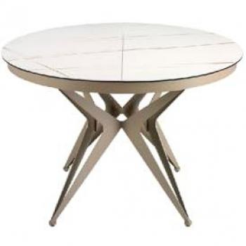 Mesa Comedor Extensible Redonda de Mármol Porcelánico Blanco y Acero Champagne - Ø120 x 77 / Ø170 x 120 x 77 cm