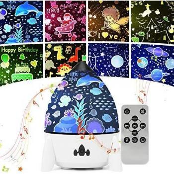 Proyector Estrellas Bebé Lámpara Proyector Infantil Luz Nocturna con 8 películas 4 Música 7 Modos y Control Remoto, 360° Rotación, para Niños y Bebés Navidad, Cumpleaños, Habitación, Regalos, Juguetes