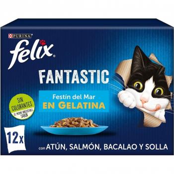 Felix Fantastic Festín del Mar Multipack en Gelatina - Comida Húmeda para Gatos Adultos, Surtido de Sabores Marinos (Atún, Salmón, Bacalao y Platija),