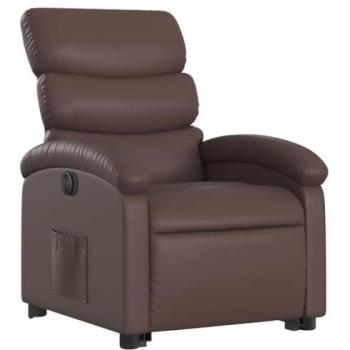Sillón Reclinable Elevable Eléctrico de Cuero Sintético Marrón con Respaldo y Reposabrazos, Silla de Relax para Descanso, Asiento Ajustable