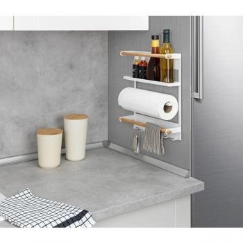 Estantería Magnética de Cocina Magna Blanca con Porta-Rollo, Estante para Especias y Ganchos, Sin Perforación, 34x33x8 cm